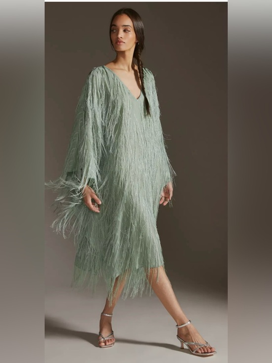 Maeve Other - Anthropologie Maeve Fringed Shine Kaftan Sage Green Metallic Fringe Cover Up OS